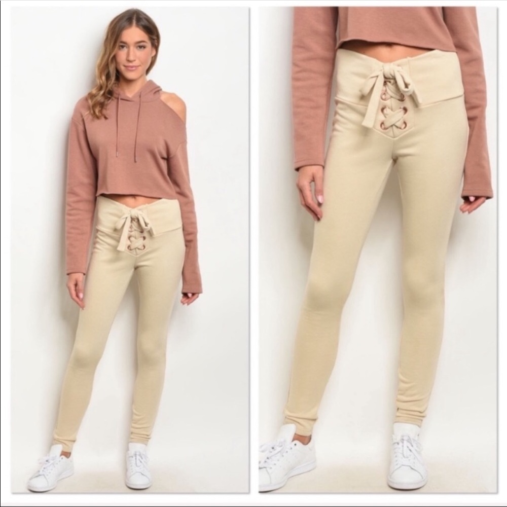 Beige Lace Up Jogger Pants